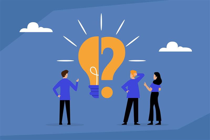 Illustration von drei Personen, die vor einer großen Kombination aus Glühbirne und Fragezeichen stehen und gemeinsam über eine Idee oder Lösung diskutieren.