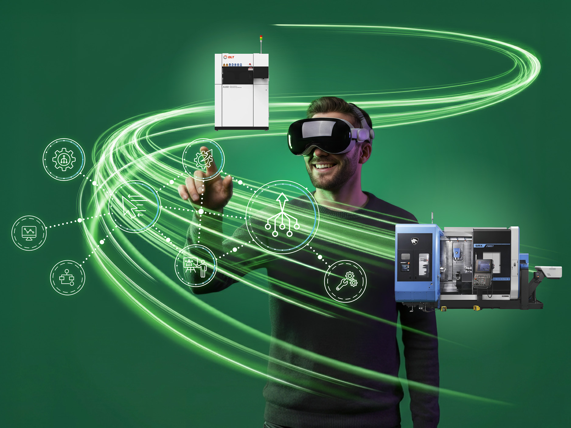 Keyvisual zur AMB: Eine Person interagiert mit virtuellen Symbolen vor grünem Hintergrund, verbunden durch dynamische Lichtlinien. Links stehen Messehinweise, rechts sind eine Werkzeugmaschine und oben ein industrieller 3D‑Drucker zu sehen.“
