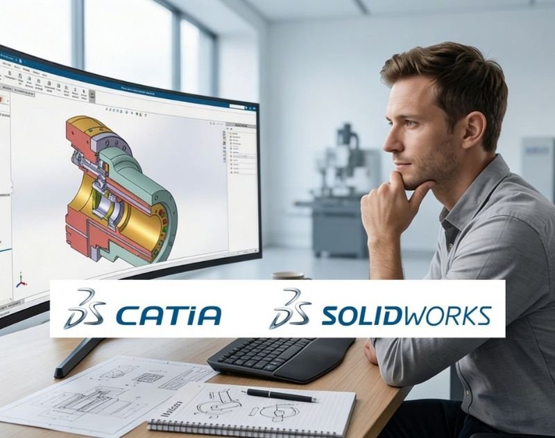 Mann sitzt vor Bildschirm mit einer CAD-Anwendung