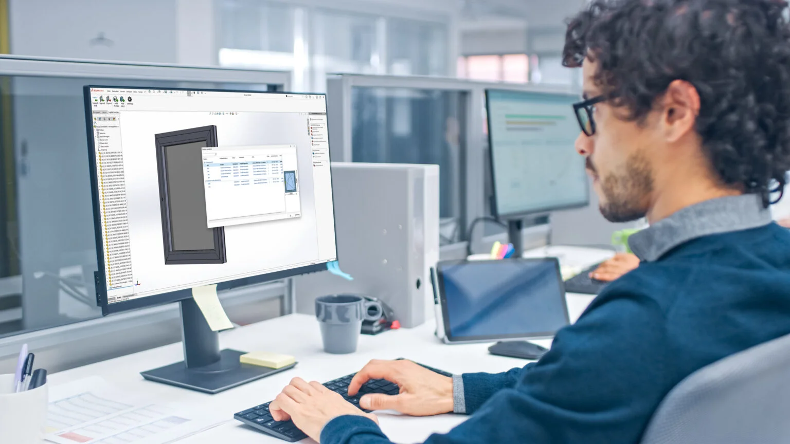 Mann am PC – SOLIDWORKS kopieren Ein Mann arbeitet am PC mit SOLIDWORKS und verwendet eine Kopierfunktion