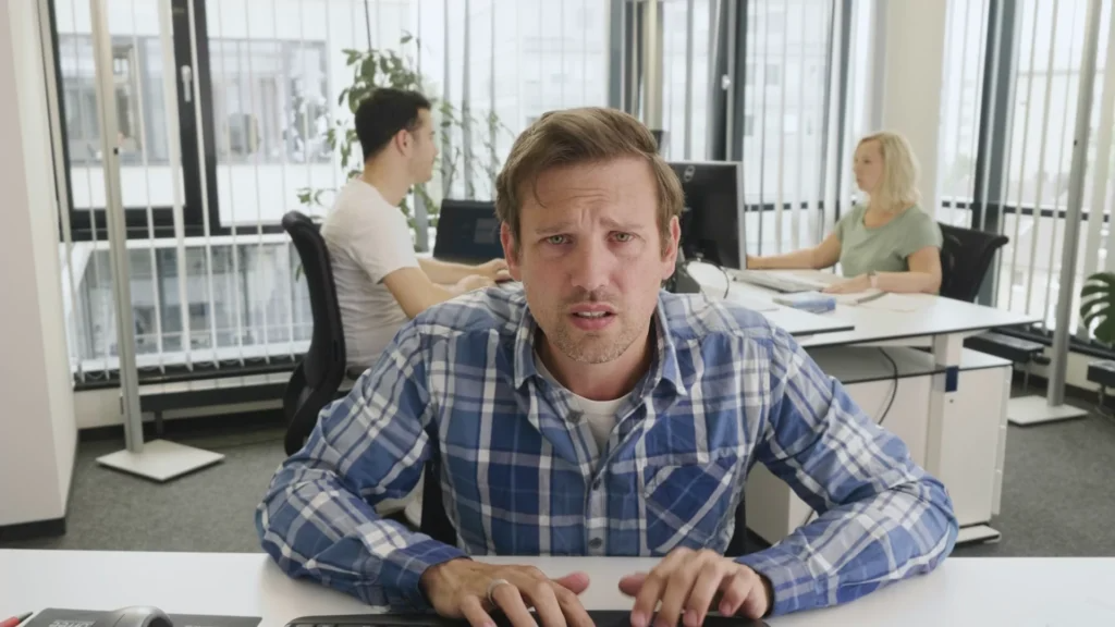 Verzweifelter Mann vor Rechner Ein frustrierter Mann sitzt verzweifelt vor seinem Computer
